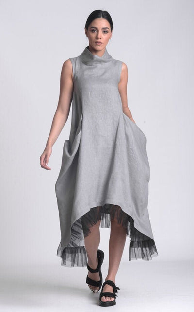 Linen Dress With Tulle Hem In Gray