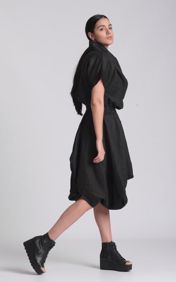 Cowl Neck Linen Dress In Black  Metamorphoza