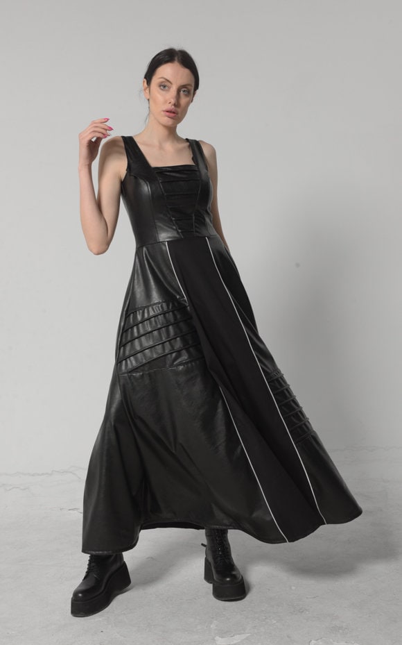 Long Flare Vegan Leather Dress