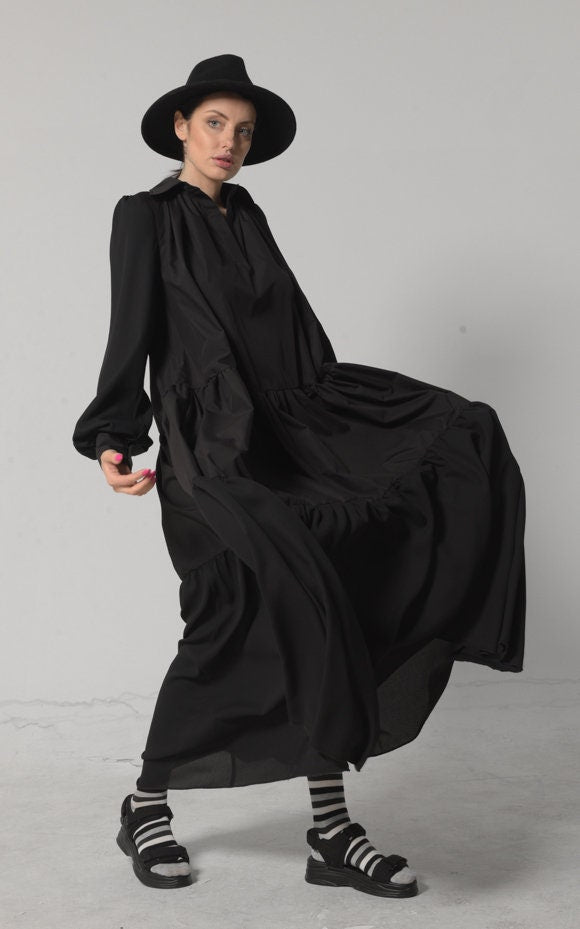 Longsleeve Bohemian Maxi Dress In Black