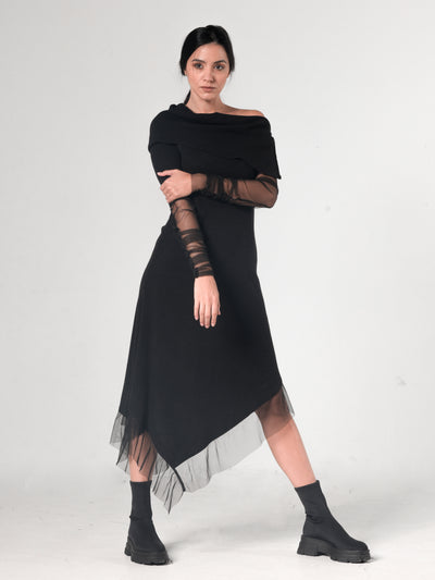 Long Black Dress With Tulle Sleeves