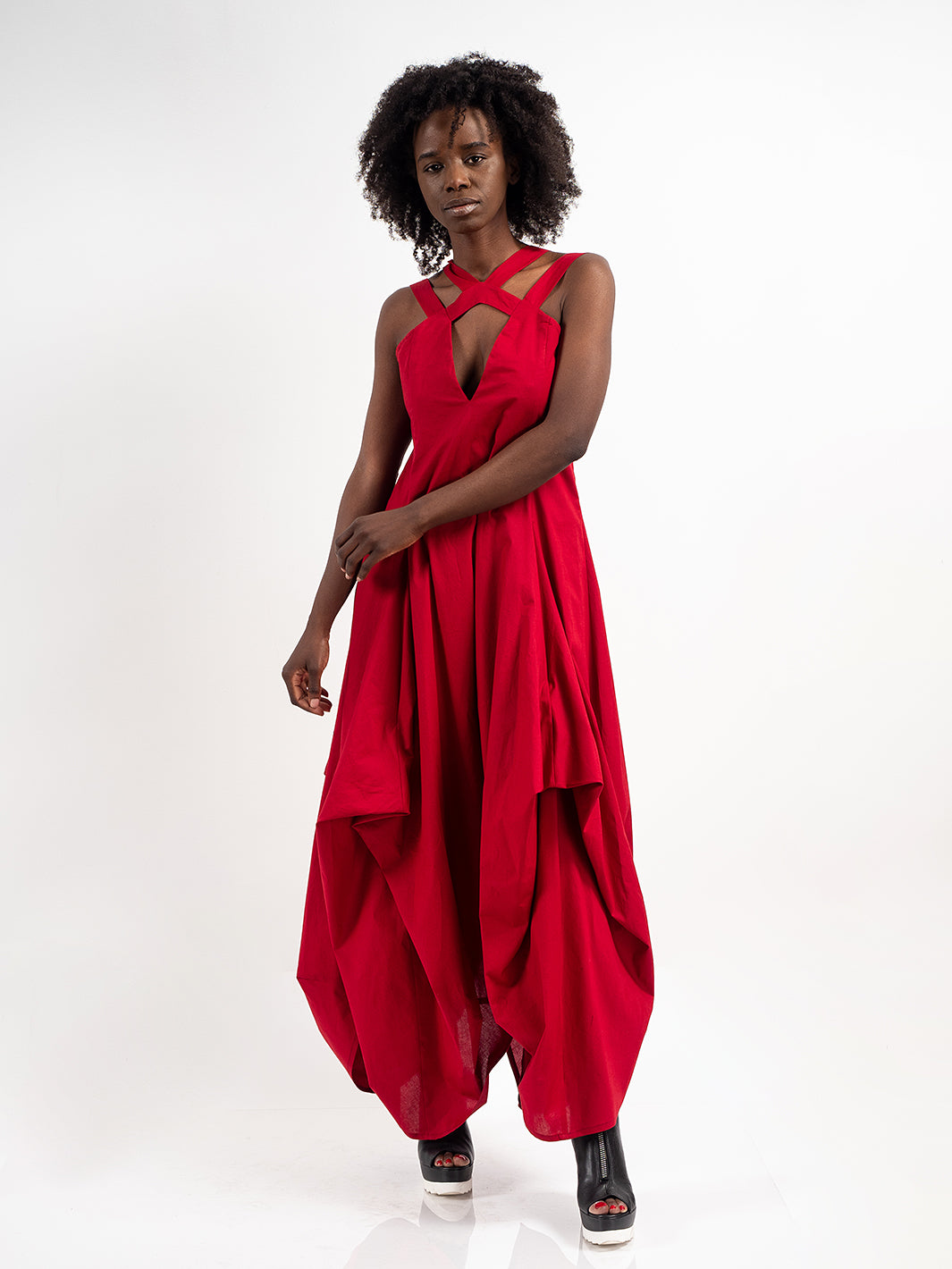 Asymmetric Long Cotton Dress In Red