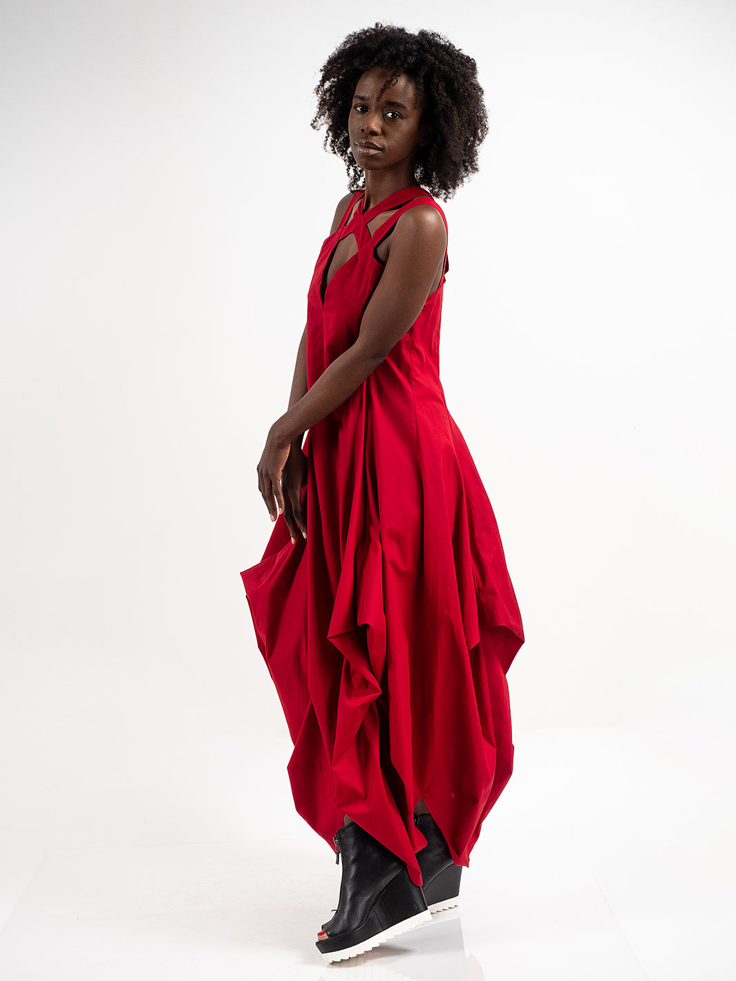 Asymmetric Long Cotton Dress In Red