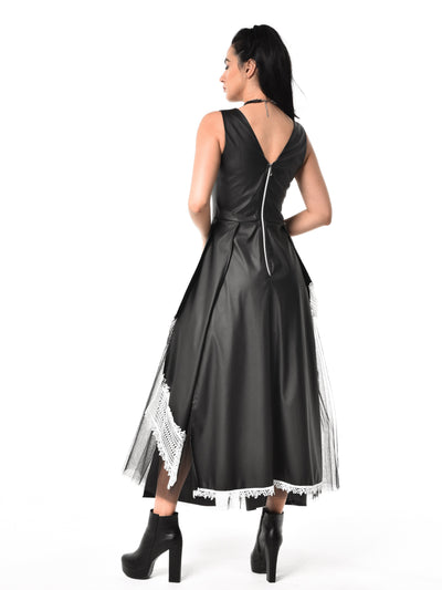 Black Vegan Leather Dress with Tulle and Lace